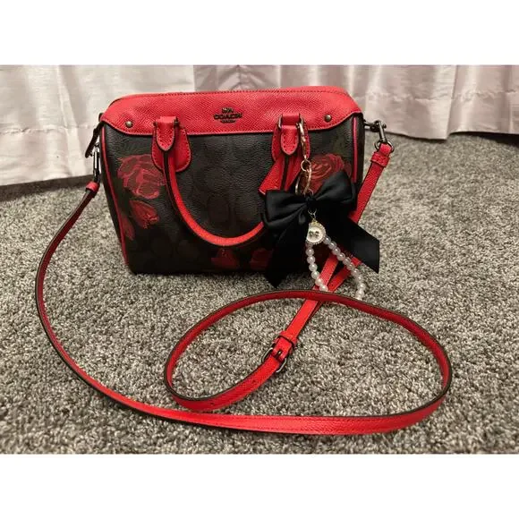 STUNNING Coach Rowan Red Leather Trim black, brown & Rose Print - Picture 11 of 12